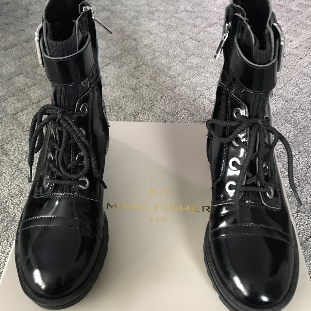 Marc Fischer black patent leather combat boots size 6.5